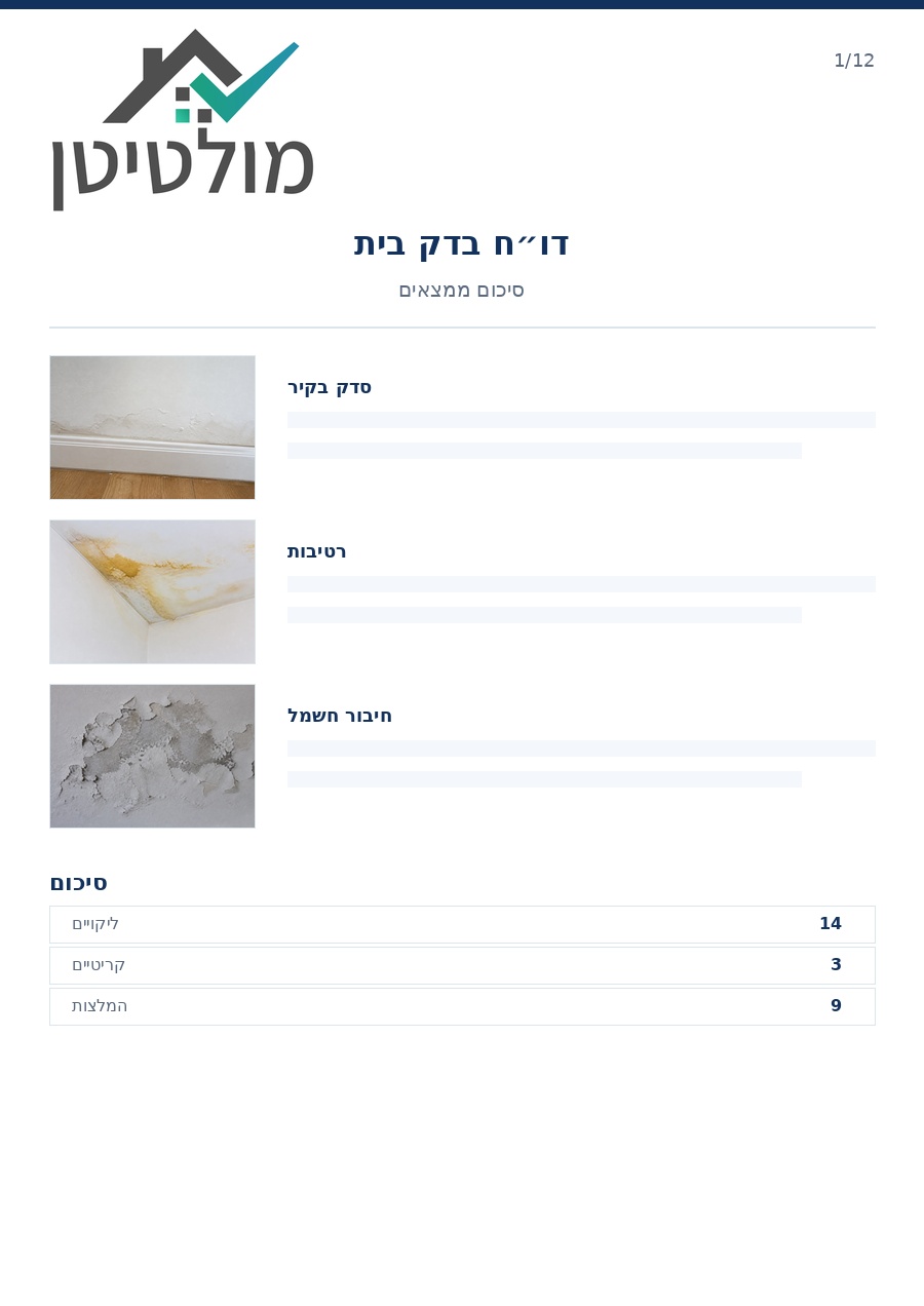 דוגמה לדוח בדק בית – שער וסיכום ממצאים