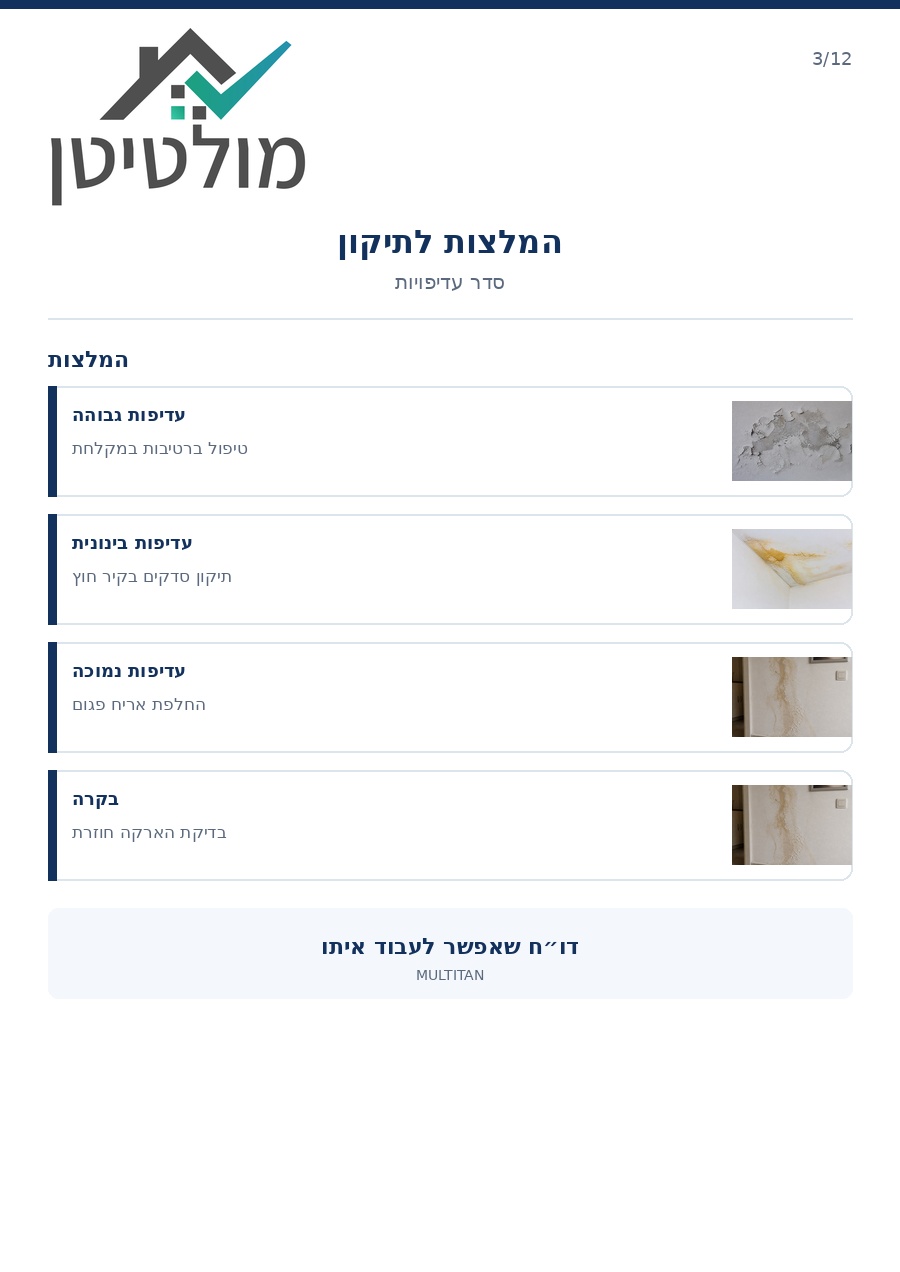 דוגמה לדוח בדק בית – המלצות לתיקון